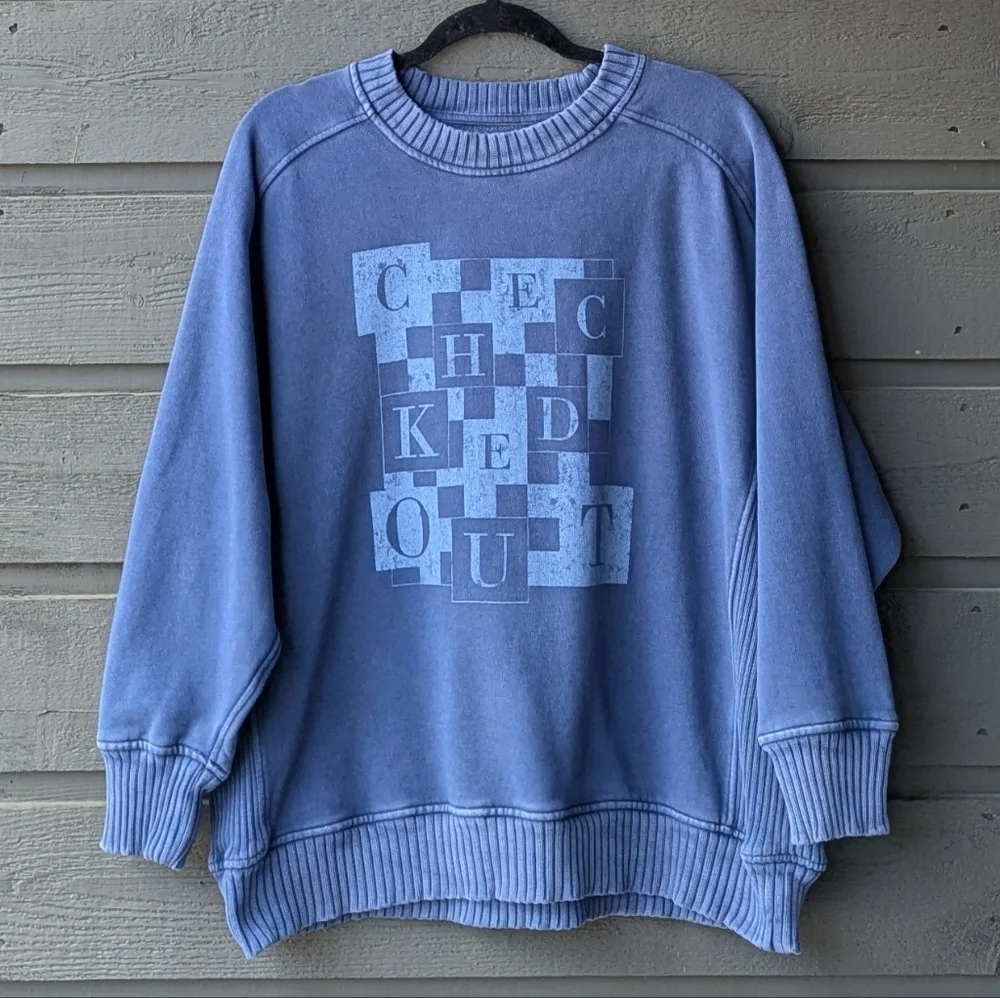 Aerie Checked Out Oversized Crew Neck Sweatshirt Ribbed Boxy Fit Medium Blue